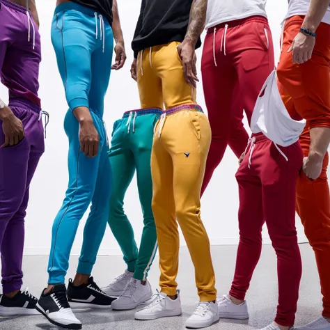  5 Men in tight colored pants cough and a bulge is visible through the pants. 