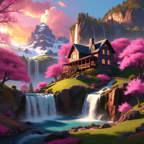 ChromaV5, nvinkpunk, Analog Style, a beautiful house on a beautiful mountain full of hyper detailed spring pink trees, with beautiful and realistic waterfalls in the background, with beautiful and spectacular sunset, concept art, Art by greg rutkowski and ...