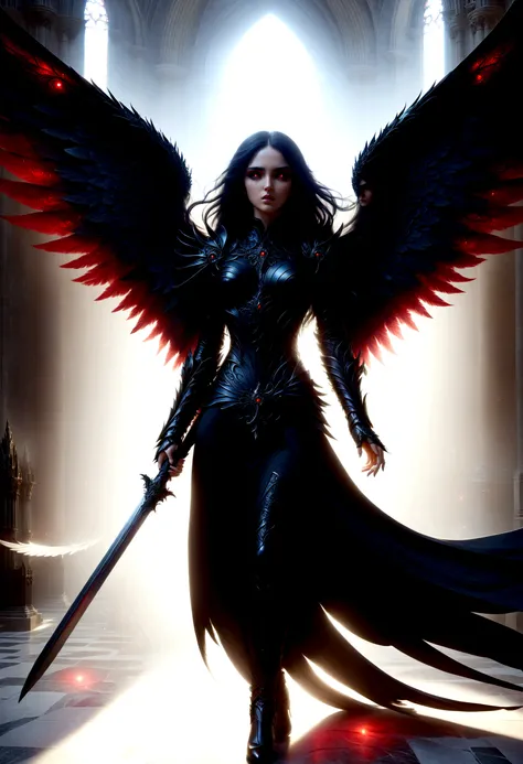 best quality masterpiece a woman angel warrior gothic incredibly beautiful long red eyes black hair black wings wearing black cl...