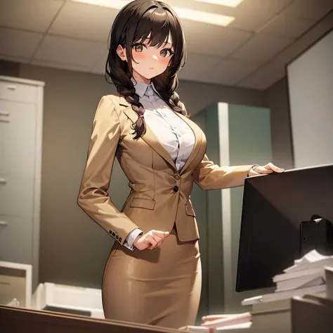 masterpiece, best quality, 1 girl, solo, teenager, large breasts, light brown eyes, bangs, brond hair, braids hair, office staff suit, jacket, pencil skirt, upper body, standing, office