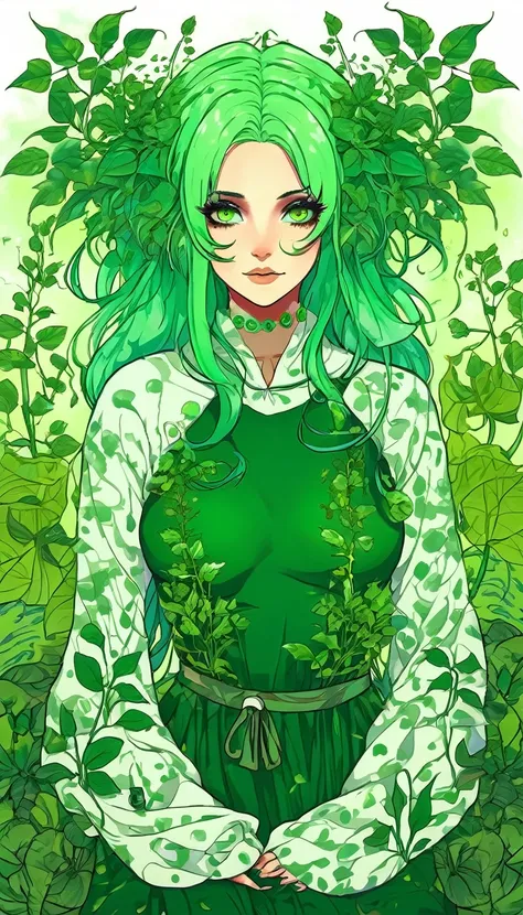 beautiful dlyad girl, green hair, full body, personified, fantasy, expressive eyes, beautiful face, leaves, weeds, sprouts, trees, soil, ethereality, psychedelic, psychedelic delusion, masterpiece 