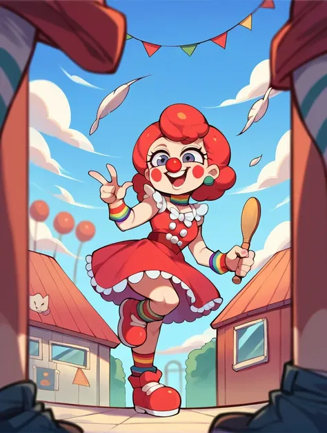 Draw me circus baby. She is 23 years old, she wears a red skirt, her clown shoes are red, her eyes are green, and her nose is red. She is from the world of electronic games and kicks a man in the face.