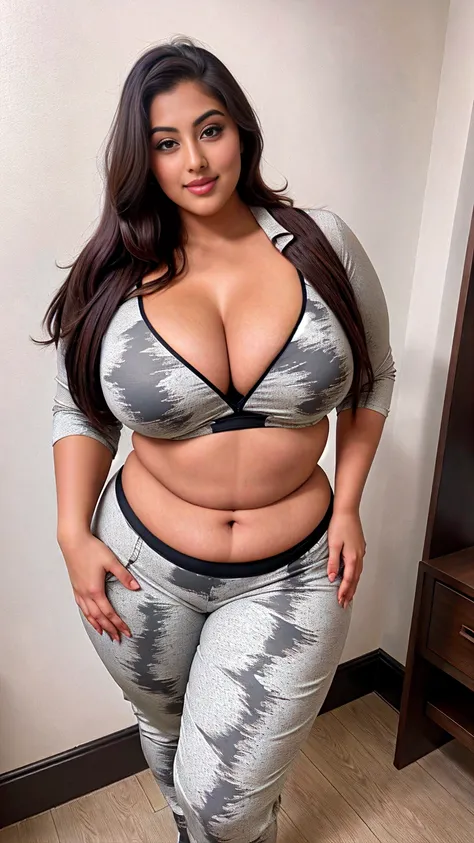 Indian beautiful actress Madhubala sexy curvy plus size body beautiful actress wearing printing crop short blouse Loose Drawstring Wide Waistband Plus Size Cargo Pants in kashmir greenland, camera front facing, smilling face, head to toe view, full body sh...