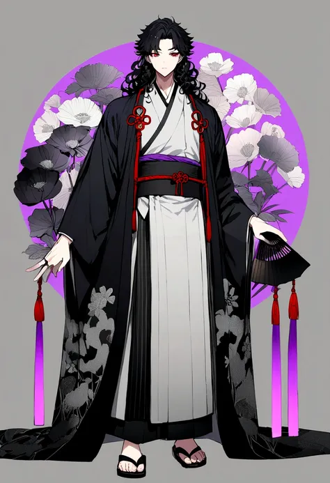 Male anime character Height 1.9 mts, black curly hair reaching the shoulders, Traditional gray kimono from Japan with black and white flowers, traditional sandals, red eyes with purple glow and a black fan in the right hand