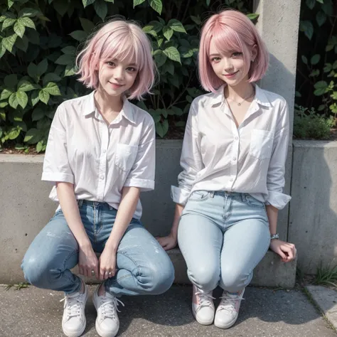 A girl wearing a white button-down shirt and blue skinny jeans, and some white tennis shoes, who has straight pink hair and who has a mischievous smile 