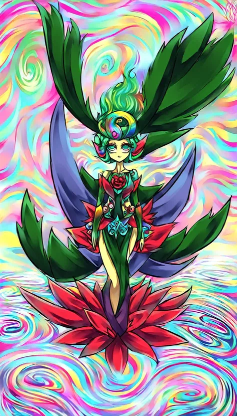 beautiful dlyad girl, green hair, full body, personified, fantasy, expressive eyes, beautiful face, ethereality, psychedelic, psychedelic delusion, masterpiece 