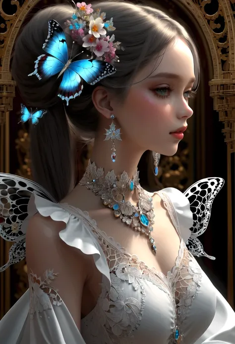 (masterpiece, Top quality, best quality, Official Art, beautiful and aesthetic:1.2), (1 Girl), Twin Tails, Extremely detailed,(Fractal Art:1.3),rich and colorful,The most detailed,Upper Body, [Lace],[Jewelry],[flower],[[Butterfly]],