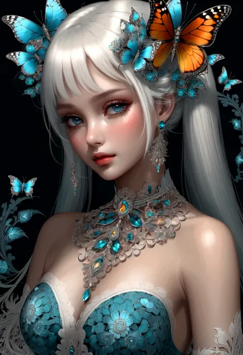 (masterpiece, Top quality, best quality, Official Art, beautiful and aesthetic:1.2), (1 Girl), Twin Tails, Extremely detailed,(Fractal Art:1.3),rich and colorful,The most detailed,Upper Body, [Lace],[Jewelry],[flower],[[Butterfly]],