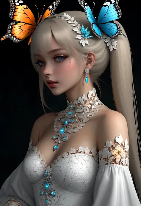 (masterpiece, Top quality, best quality, Official Art, beautiful and aesthetic:1.2), (1 Girl), Twin Tails, Extremely detailed,(Fractal Art:1.3),rich and colorful,The most detailed,Upper Body, [Lace],[Jewelry],[flower],[[Butterfly]],