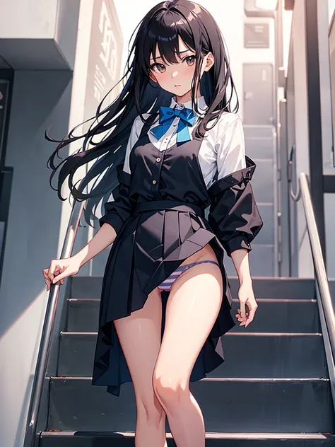 master piece, extremely detailed, high resolution, Makoto shinkai style, ONE high school girl, going up the escalator, looking back at you with her back to you, miniskirt, panties visible, embarrassed as she holds her skirt down, glossy full lips, shiny ha...