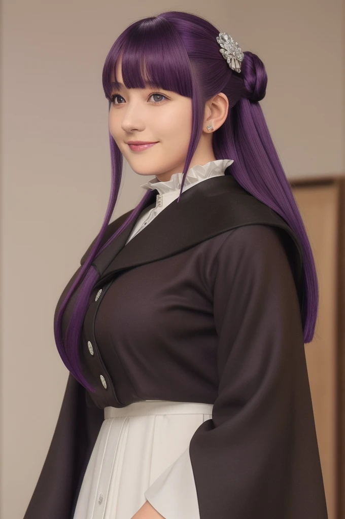 è²ä¼¦,1girl,solo,purple hair,long hair,purple eyes,blunt bangs,sidelocks,half updo,bright pupils,
hair ornament,frilled collar,black robe,white dress,center frills,buttons,wide sleeves,long sleeves,curvy,cowboy shot,brown coat,from side,smile,, Exquisite ...