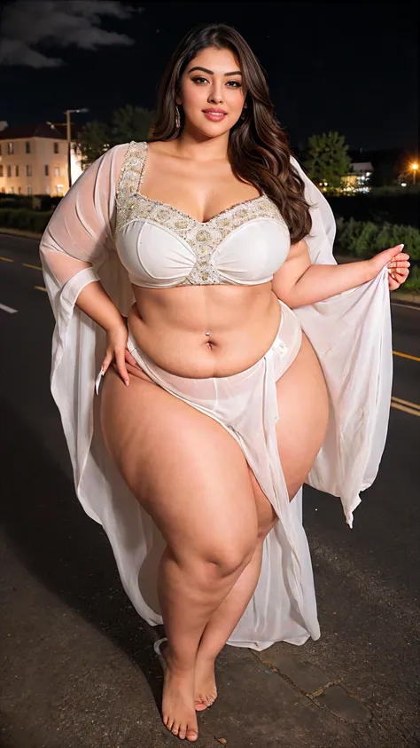 Indian beautiful actress Madhubala sexy curvy plus size body beautiful actress wearing Indian bridal dress with ornaments on the road having white clouds in the night light, camera front facing, smilling face, head to toe view, full body shot, hourglass bo...