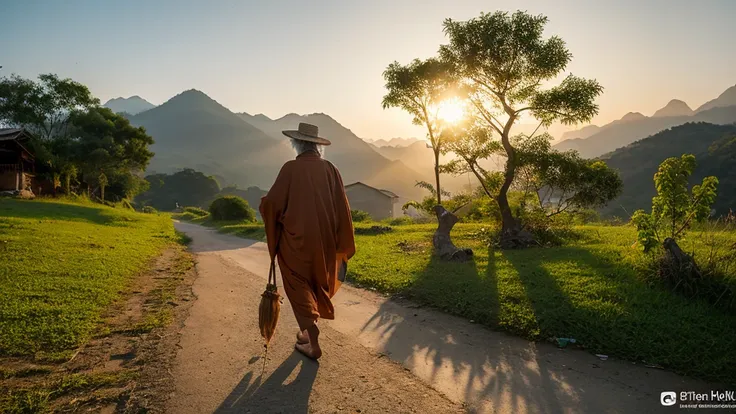 In a village 600 years ago, an elderly Brahmin is walking slowly. His face reflects deep contemplation and knowledge, as he adheres to traditional wisdom for the tribal community of the village. He is dressed in long robes and wears a simple rosary around ...