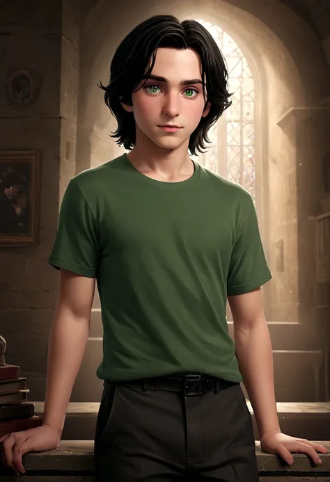 a young 9-year-old daughter of severus snape,((highest quality)),(ultra high resolution),(Super detailed),(detailed description),((best CG)),(best work of art) ,black hair、radiant green eyes ,super precision art, great drawing art,(Art with precise details...