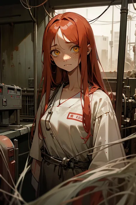 Cute face, girl, 12 years old, yellow eyes, tan skin, freckles silky red long hair, old, torn, hospital gown, emotionless expression, midnight, dark room, abandoned laboratory, body connected to countless wires, gazing at the camera, upper body