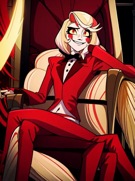 charlie morningstar, sitting on throne, horns, crossed legs, blonde, looking at viewer, evil, red tuxedo, hell throne, smile