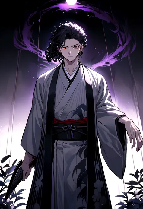 Male anime character Height 1.9 mts, black curly hair reaching the shoulders, Traditional gray kimono from Japan with black and white flowers, traditional sandals, red eyes with purple glow and a black fan in the right hand