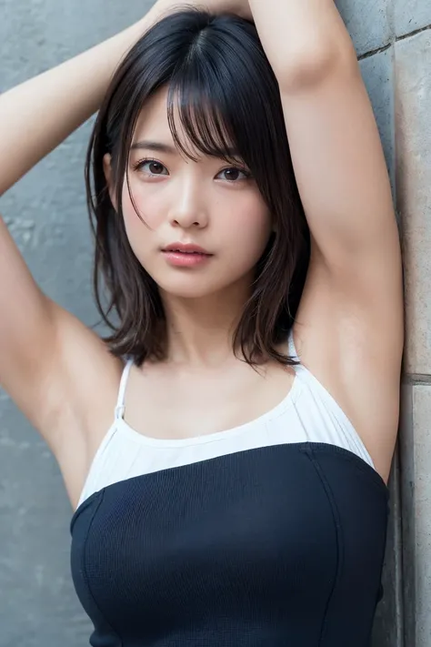 (Ultra HD、Ultra-high resolution、Realistic:1.3、8K、Japanese office lady、In front of the wall)、Attention in the armpits、Look Viewer、(Extremely realistic skin texture:1.4)、(Realistic:1.3)、short hair、((Embarrassed expression:1.3))、(blonde:1.3)、40-year-old woman...