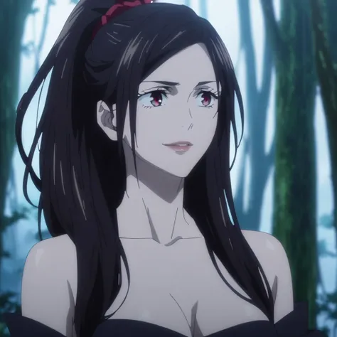 1girl, anime screencap from jujutsu kaisen, solo, very long_hair, ((smooth texture hair)) purple eyes, ((long hair, black hair, hair ponytail , red_eye)), breasts, upper_body, smile, forest background, red_eyes, lips, ((long black hair, elegant hairstyle, ...