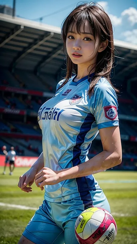 Highest quality, High resolution:1.2, Very detailed, Realistic:1.3, ((Beautiful woman))、((Super tight uniform))、((Big Breasts))、Vibrant colors, play soccer,((Blunt bangs))、With bangs、Wet Hair, concentrated, splash, Action Shots, Grass blotches, Muddy groun...