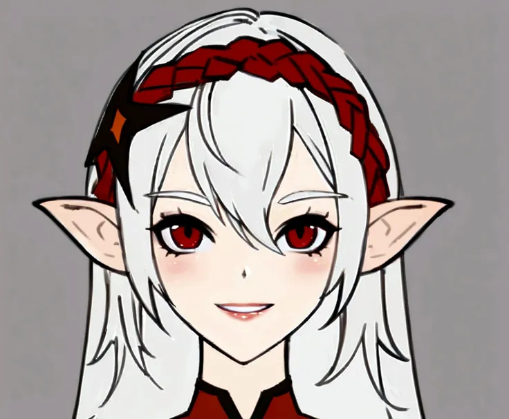 a cartoon closeup of a woman with red eyes, smiling elf character, elf girl, (((crazy))) elf princess, flat anime-style shadows,...