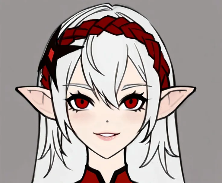 a cartoon closeup of a woman with red eyes, smiling elf character, elf girl, (((crazy))) elf princess, flat anime-style shadows,...