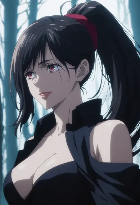 1girl, anime screencap from jujutsu kaisen, solo, very long_hair, ((smooth texture hair)) purple eyes, ((long hair, black hair, hair ponytail , red_eye)), breasts, upper_body, smile, forest background, red_eyes, lips, ((long black hair, elegant hairstyle, ...