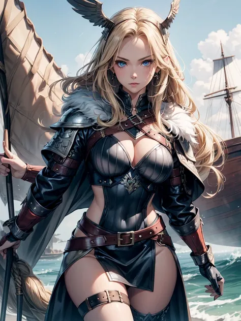 Gorgeous Woman, Valkyrie, Long blonde hair, blue eyes, detailed facial features, proportional hands, proportional fingers, leather armor, fur cape, viking ship, sultry look, seductive,
