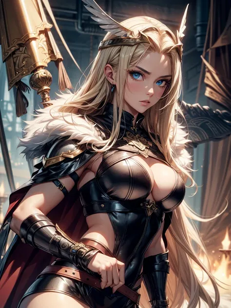 Gorgeous Woman, Valkyrie, Long blonde hair, blue eyes, detailed facial features, proportional hands, proportional fingers, leather armor, fur cape, viking ship, sultry look, seductive,
