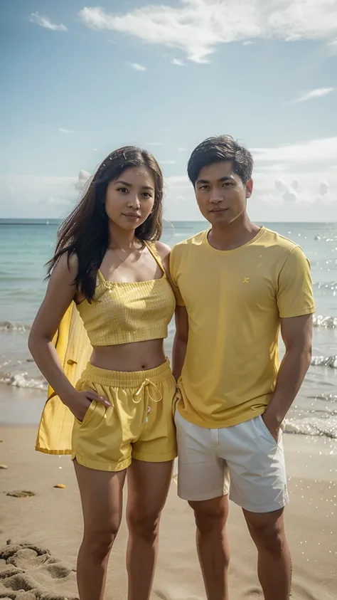 Realistic pilipino couple wearing a yellow summer outfit  and shorts standing in beach of boracay .