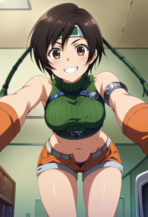 score_9, score_8_up, score_7_up,,BREAK source_anime, from behind,low angle ,bent over,all fours,straight-on,medium shot,looking_at_viewer,1girl, yuffie kisaragi, final fantasy, short hair,headband,navel,sleeveless,turtleneck,brown eyes,sleeveless turtlenec...