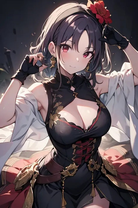 yor briar, anime style beutiful woman, 1girl, happy, sexy pause,(with sparkling eyes and a contagious smile:0.9),red face, closed mouth, beautiful detailed eyes, super detailed skin, backlighting, bare shoulders, black background, black dress, black gloves...