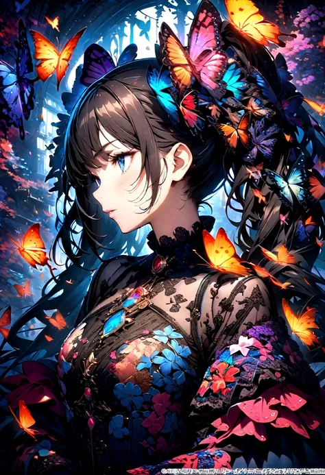 (masterpiece, Top quality, best quality, Official Art, beautiful and aesthetic:1.2), (1 Girl), Twin Tails, Extremely detailed,(Fractal Art:1.3),rich and colorful,The most detailed,Upper Body, [Lace],[Jewelry],[flower],[[Butterfly]],