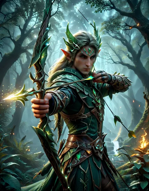 wood elf hunter, male focus, tree spirit symbols and patterns, dark ethereal fantasy forest at night, (holding an elf bow: 1.5),...