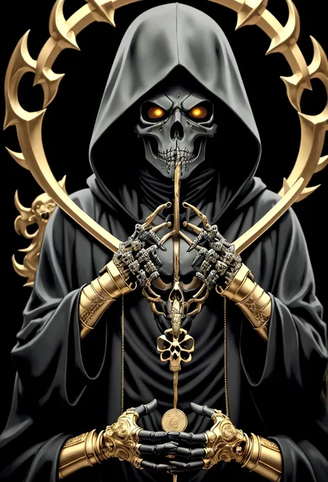 Grim Reaper character with skull face, black hooded robe, liquid gold details all over his face, gold bars and coins behind him, scythe in his skeletal hands, hyper-realistic, artisticGrim Reaper character with skull face, black hooded robe, liquid gold de...