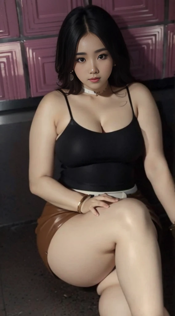 araffe woman in a white shirt and black leather shorts walking down a street, thicc, she has a jiggly fat round belly, wearing tight simple clothes, bbwchan, gorgeous young korean woman, korean girl, hyperrealistic full figure, in city street, very sexy ou...