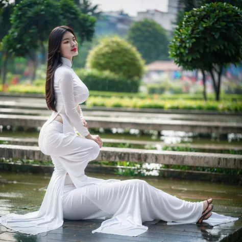 ((ao dai with bra inside, big breasts, beautiful breasts, sitting in the rain, 8k quality photo with good details))