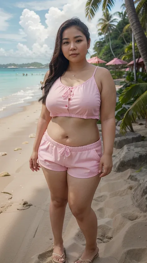 Realistic pilipina girl chubby wearing a pink summer outfit  and shorts standing in beach of boracay .