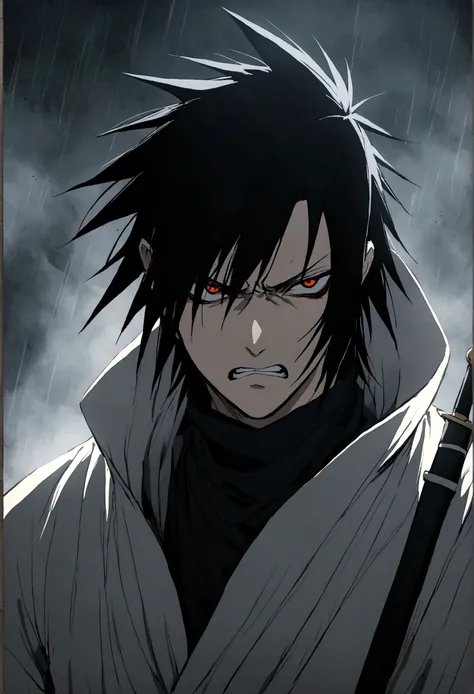 sasek uchiha, with dagger, upper body, sharingan, angry