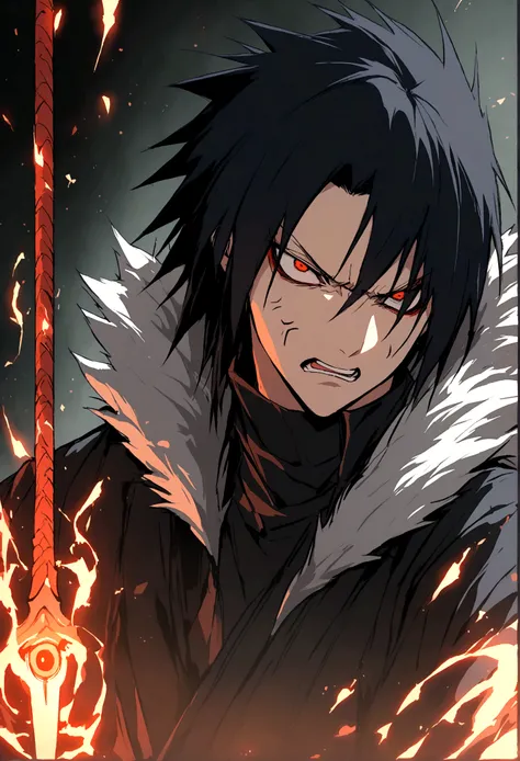 sasek uchiha, with dagger, upper body, sharingan, angry