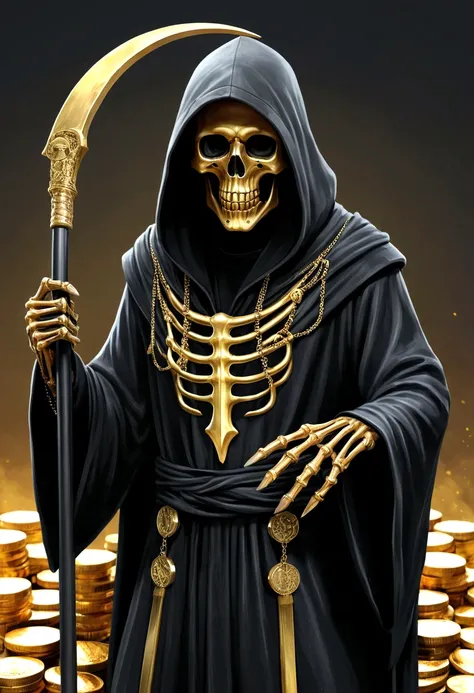 Grim Reaper character with skull face, black hooded robe, liquid gold details all over his face, gold bars and coins behind him, scythe in his skeletal hands, hyper-realistic, artistic