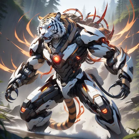 ((Masterpiece)), ((Best Quality)), (Very Detailed), ((Very Detailed)), 4K, (8K), very aesthetic, absurdres highres, A realistic depiction of futuristic robotic tigers fighting in the wilderness. This Tigers design combines organic elements with advanced me...