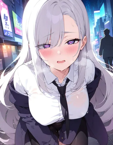 (Highest quality), (High resolution), (masterpiece), (Super detailed), Silver Hair, Long Hair, Blue and purple eyes, Blue Archive Art Style, One girl, Silky skin, Shiny skin, An athletic body, blush, Heavy breathing, chest, (Black long coat, White shirt, B...