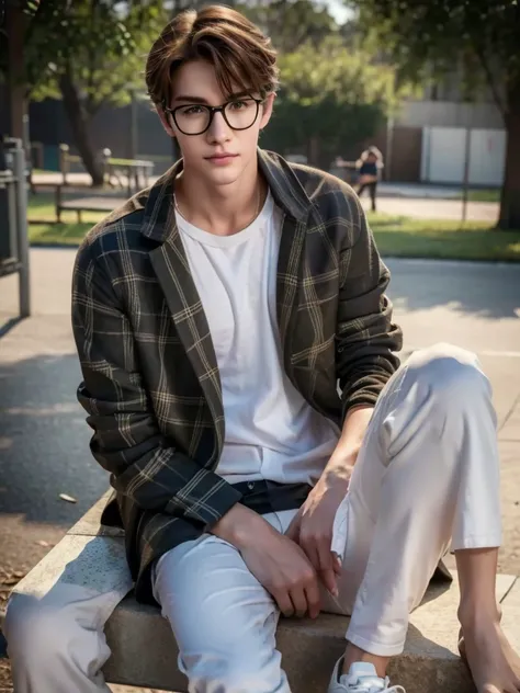 1 teenage boy, detailed eyes, curly brown hair, pale smooth skin, sitting outdoors, black skinny jeans, plaid shirt outerwear, t-shirt, looks like model, (best quality,4k,8k,highres,masterpiece:1.2),ultra-detailed,(realistic,photorealistic,photo-realistic:...