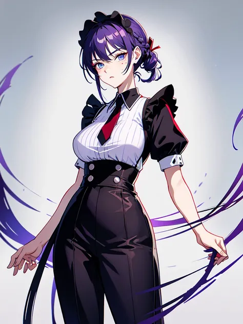 The background is a city at dusk, Dressed in maid uniform ,　Mature face,tall, Wearing black tights,Blue Eyes,Updo, Braided Hair,　 The skin is hidden　and gradient hair, (Ink blotches:1.1), (pale:1.2),(Light purple:1.2),(Red/Black:1.2), I was wearing long pa...