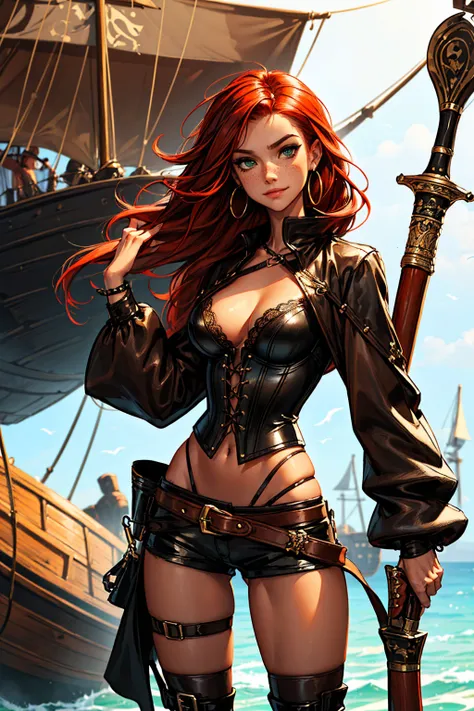 (masterpiece), best quality, expressive eyes, perfect face, (pirate ship background), (standing), (smirk), (closeup view), (1girl,freckled skin,glossy skin, red hair,green eyes, hourglass figure, thin body, skinny body, petite_body, medium breasts, thick t...