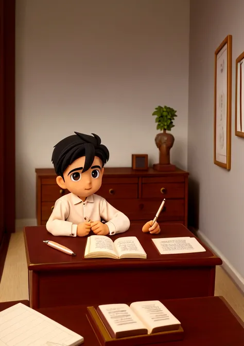 a boy in a room, studying on a study table