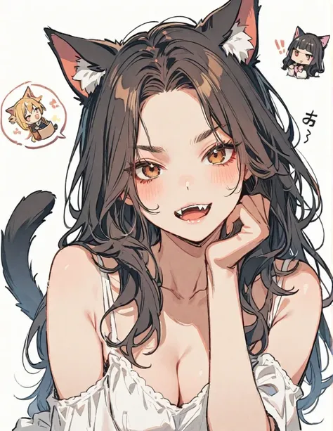 Half body, A beautiful woman, long wavy black hair, brown eyes, dark clothing, cat ears and tail, fangs, 