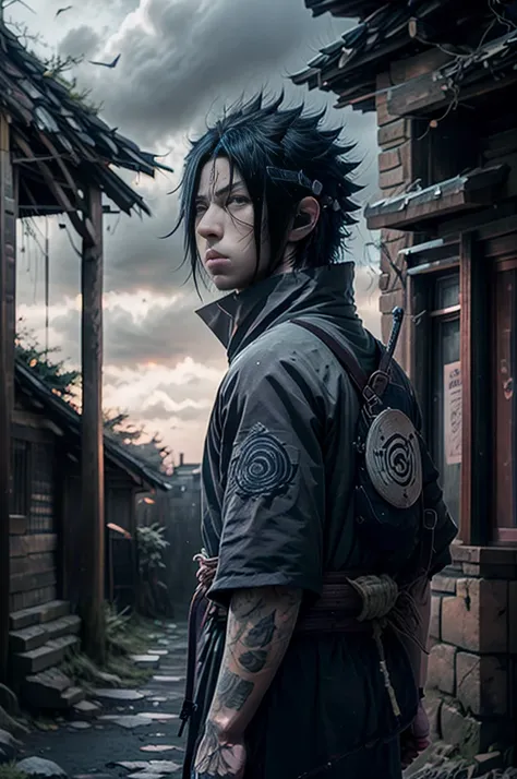 a man wearing red contact lenses and long flowing black hair combed neatly forward like uchiha sasuke from the anime naruto ship...