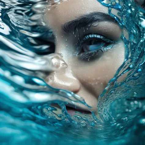 An extreme close-up of human face partially submerged in swirling, ripling, water, piercing gaze emerging from the cascading liquid textures and patterns, capture intricate details like droplets light refracting, through the water in shade of blue, teal, a...